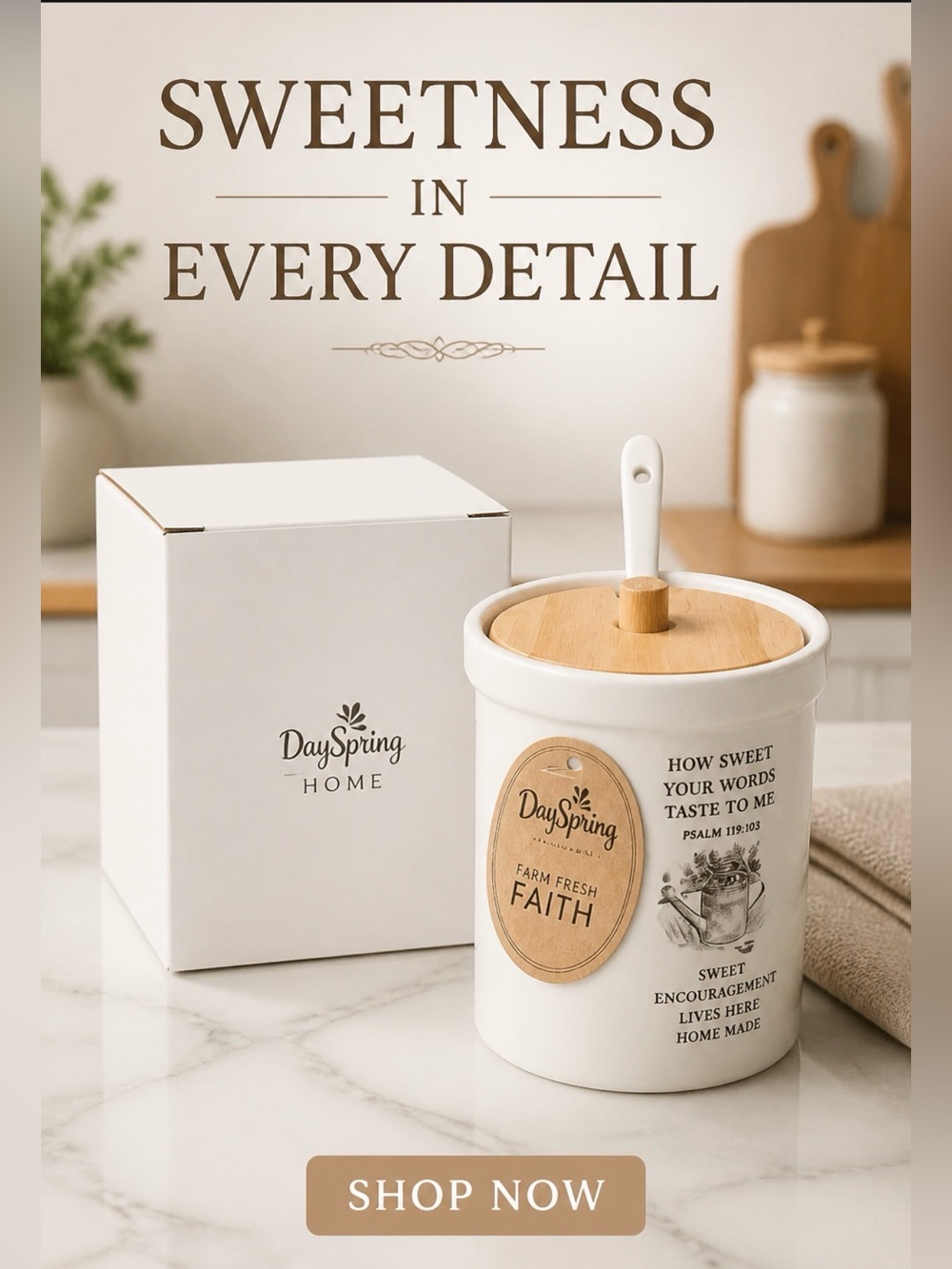 DaySpring Home Ceramic Sugar Jar with Bamboo Lid - White NWT